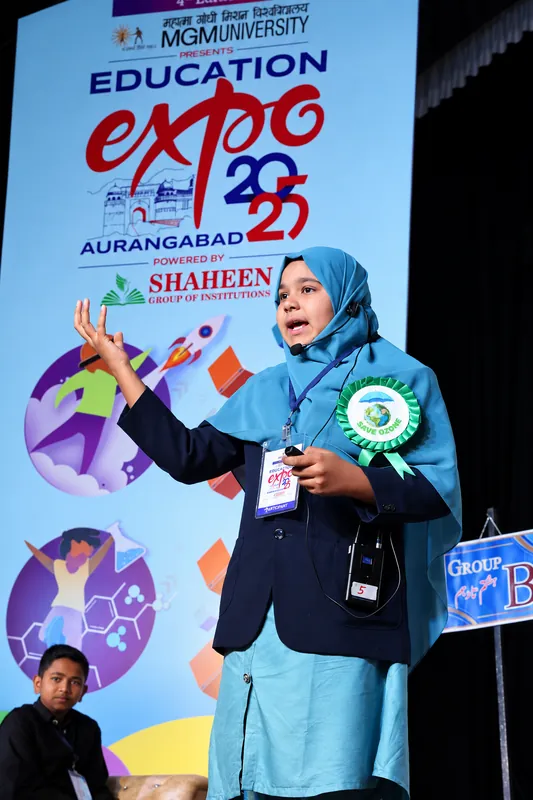 Confident Young Speaker at Education Expo